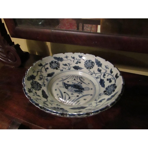 931 - Oriental Blue and White Dish Shallow Form with Fish Motifs Central Decoration Approximately 8 Inches... 