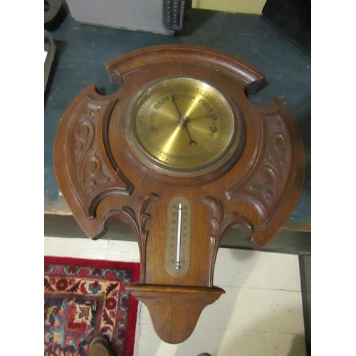 933 - Edwardian Carved Walnut Barometer with Engraved Dial Approximately 20 Inches High