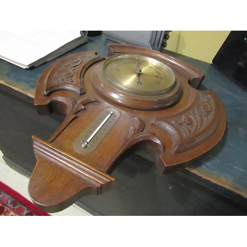 933 - Edwardian Carved Walnut Barometer with Engraved Dial Approximately 20 Inches High