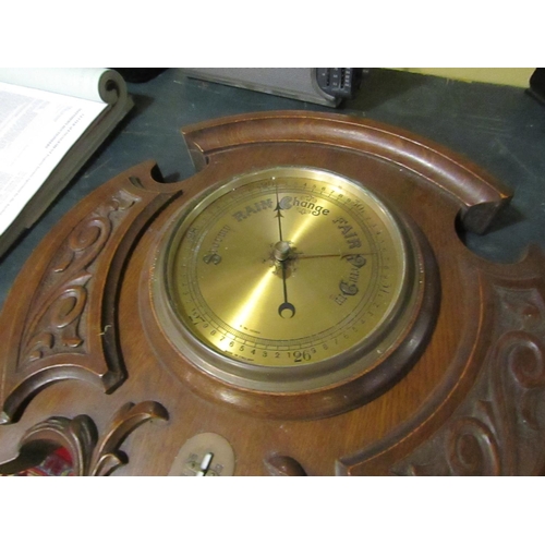 933 - Edwardian Carved Walnut Barometer with Engraved Dial Approximately 20 Inches High