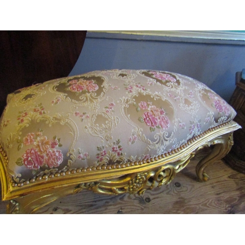 94 - Upholstered Stool Approximately 38 Inches Wide Carved Giltwood Floral Motif Upholstery