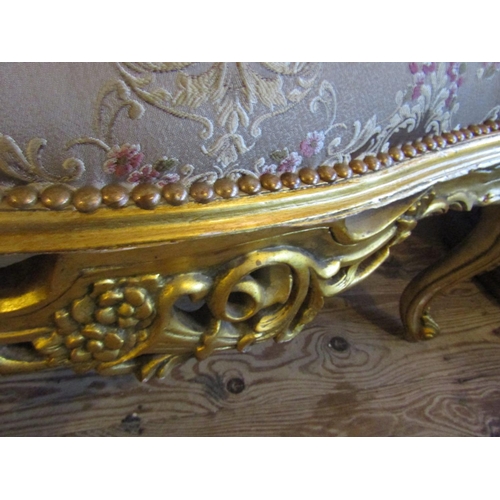 94 - Upholstered Stool Approximately 38 Inches Wide Carved Giltwood Floral Motif Upholstery