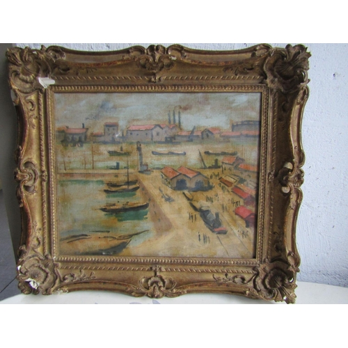 948 - French School Harbour Scene in Gilded Swept Corner Frame Oil on Canvas Approximately 18 Inches High ... 