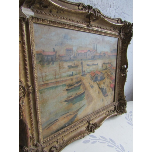 948 - French School Harbour Scene in Gilded Swept Corner Frame Oil on Canvas Approximately 18 Inches High ... 