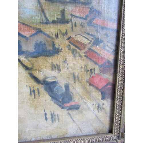 948 - French School Harbour Scene in Gilded Swept Corner Frame Oil on Canvas Approximately 18 Inches High ... 