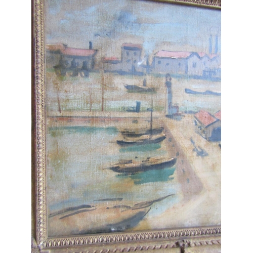 948 - French School Harbour Scene in Gilded Swept Corner Frame Oil on Canvas Approximately 18 Inches High ... 