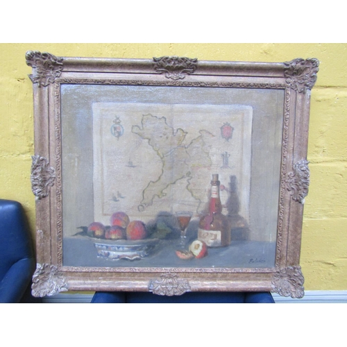 949 - Antique School Still Life with Map Beyond Oil on Canvas Approximately 18 Inches High x 22 Inches Wid... 