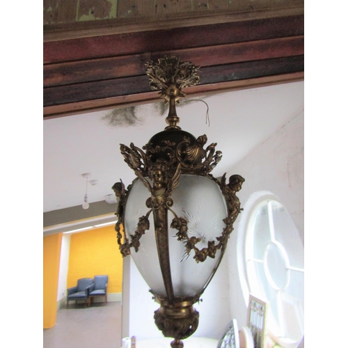 95 - Finely Chase Ormolu Mounted Globe Form Ceiling Lantern with Cherub Motif Decoration Approximately 25... 