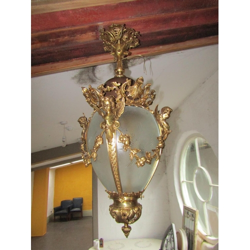 95 - Finely Chase Ormolu Mounted Globe Form Ceiling Lantern with Cherub Motif Decoration Approximately 25... 