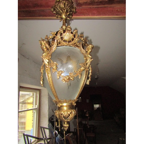 95 - Finely Chase Ormolu Mounted Globe Form Ceiling Lantern with Cherub Motif Decoration Approximately 25... 