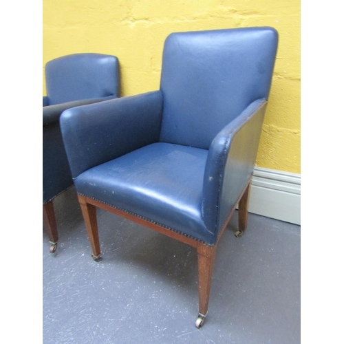 952 - Navy Leather Upholstered Edwardian Armchair Brass Cup Casters