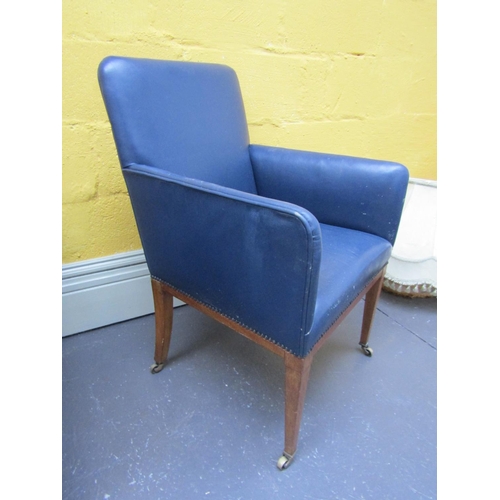 952 - Navy Leather Upholstered Edwardian Armchair Brass Cup Casters