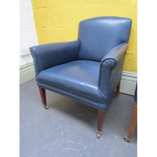 953 - Another Edwardian Navy Leather Upholstered Armchair Brass Cup Casters