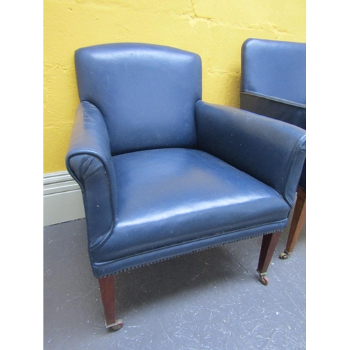 953 - Another Edwardian Navy Leather Upholstered Armchair Brass Cup Casters