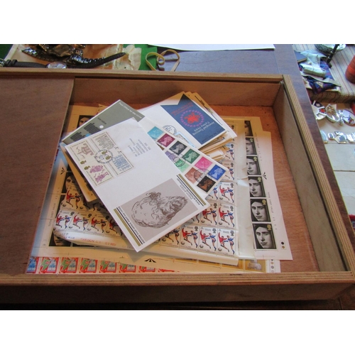 954 - Collection of Various Stamps Contained within Wooden Box Seven Sheets and 30 First Day Covers