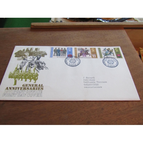 954 - Collection of Various Stamps Contained within Wooden Box Seven Sheets and 30 First Day Covers