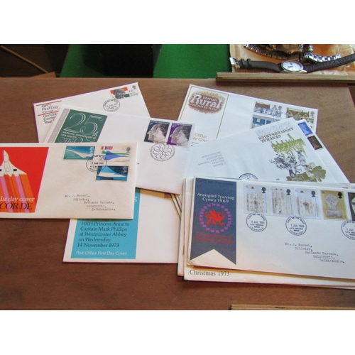 954 - Collection of Various Stamps Contained within Wooden Box Seven Sheets and 30 First Day Covers