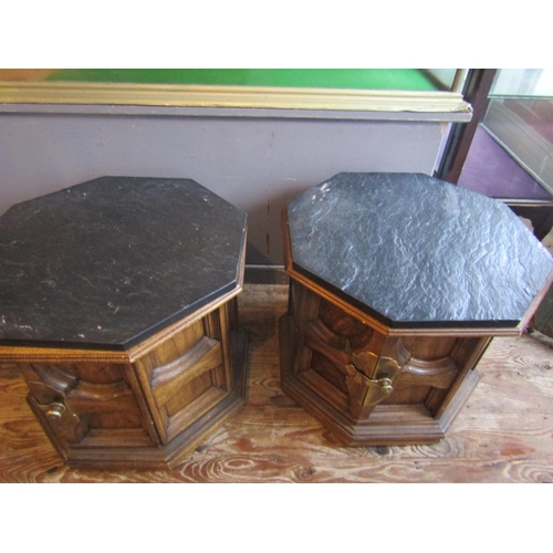 96 - Pair of Octagonal Form Slate Top Side or End Tables Brass Plate Cupboard Doors High Quality Each App... 