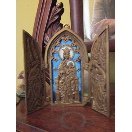 982 - Unusual Enamel Decorated Brass Triptych Icon Signed Piechaud Approximately 5 Inches High