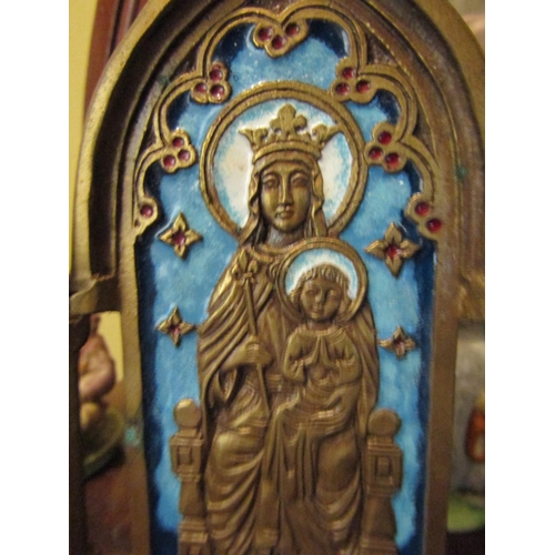 982 - Unusual Enamel Decorated Brass Triptych Icon Signed Piechaud Approximately 5 Inches High