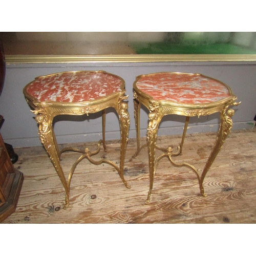 99 - Fine Pair of Rouge Marble Inset Top Shaped Form Side Tables Cast Brass with  Gilded Decoration Each ... 