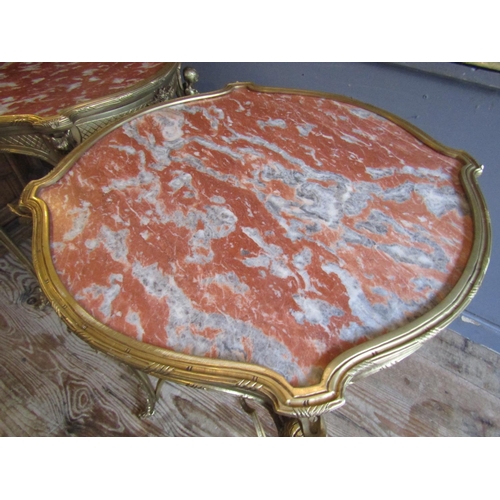 99 - Fine Pair of Rouge Marble Inset Top Shaped Form Side Tables Cast Brass with  Gilded Decoration Each ... 