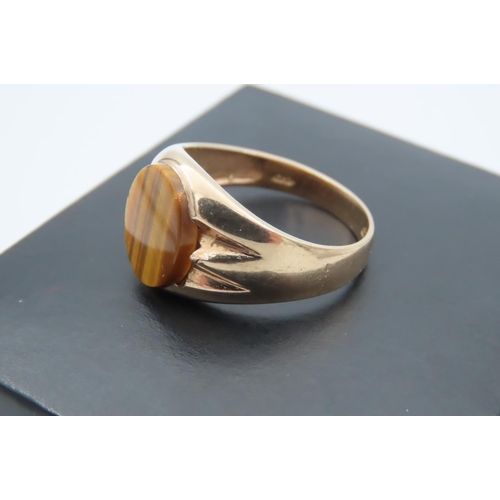 28 - 9 Carat Yellow Gold Oval Head Signet Ring with Fluted Shoulders Set with Tigers Eye Gemstone Ring Si... 
