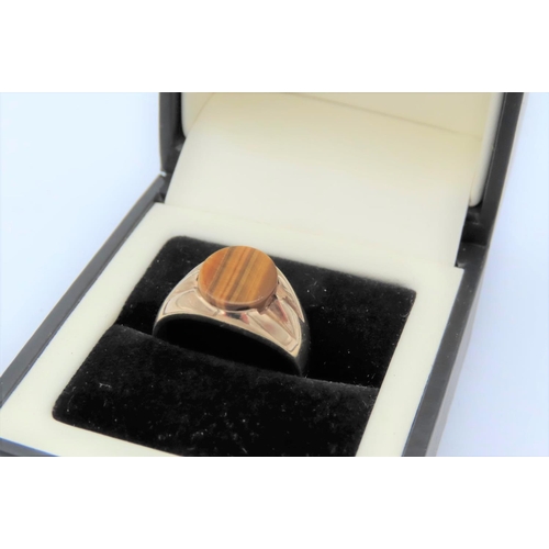 28 - 9 Carat Yellow Gold Oval Head Signet Ring with Fluted Shoulders Set with Tigers Eye Gemstone Ring Si... 