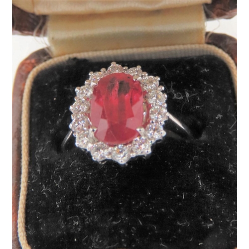 39 - Ruby and Diamond Ladies Cluster Ring Attractive Colour Mounted on 18 Carat White Gold Band Ring Size... 