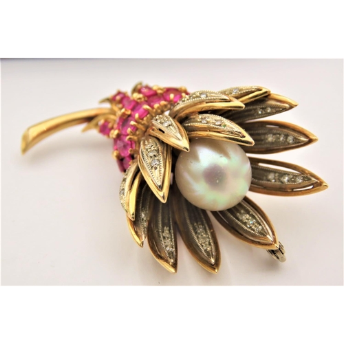 46 - Vintage Ladies Ruby and Diamond Pearl Set Brooch Circa 1950 Mounted on 18 Carat Yellow Gold Approxim... 