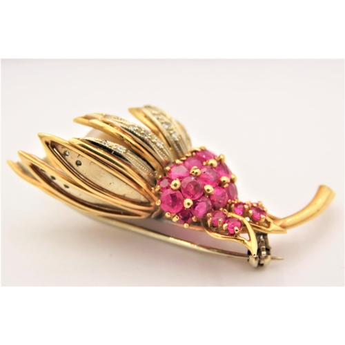 46 - Vintage Ladies Ruby and Diamond Pearl Set Brooch Circa 1950 Mounted on 18 Carat Yellow Gold Approxim... 