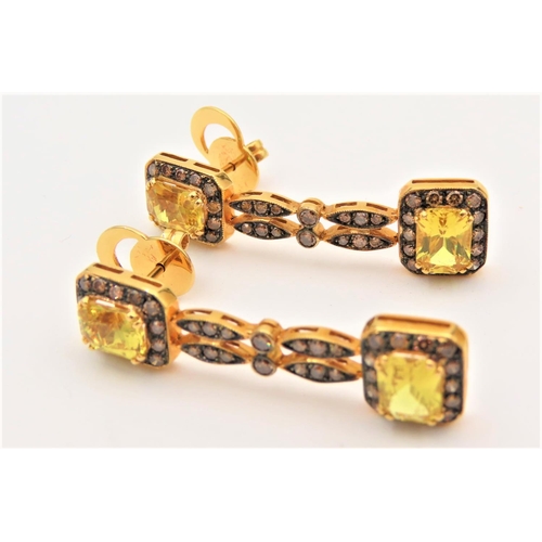 52 - Pair of Yellow Sapphire and Diamond Set 18 Carat Yellow Gold Mounted Ladies Drop Earrings Each Appro... 