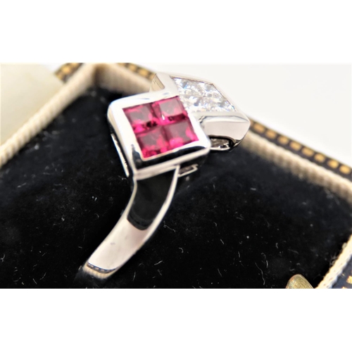 54 - Ruby and Diamond Ladies Crossover Ring Mounted on 18 Carat White Gold Ring Size L
