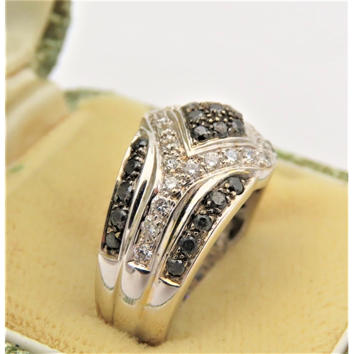 55 - Pave Set Ladies 18 Carat White Gold Ring Mounted with Black and White Diamonds Ring Size N Attractiv... 