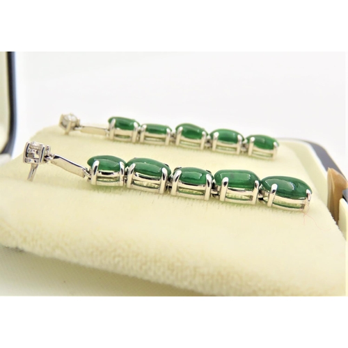 60 - Pair of Jade Set 18 Carat Gold Mounted Drop Earrings Each Approximately 4.5cm Long