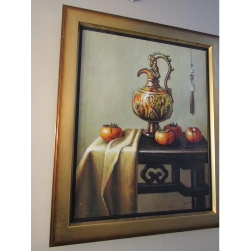 15 - Continental School Still Life with Ewer and Fruit Oil on Canvas Approximately 20 Inches High x 16 In... 