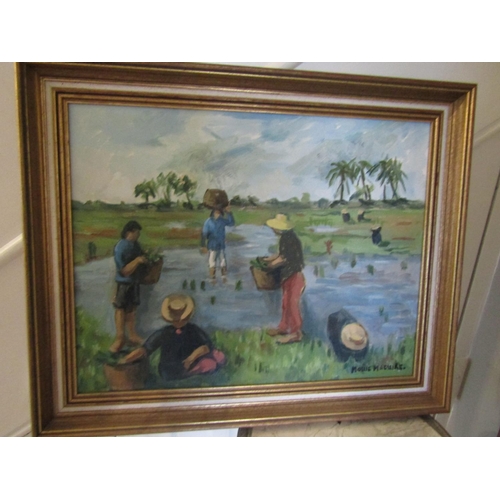21 - Mollie Maguire Planting the Rice Oil on Canvas 25cm High x 45cm Wide Signed Lower Right Acquired fro... 