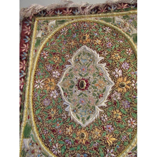 22 - Persian Finely Detailed Silkwork Wall Panel with Tiger's Eye Central Gemstone Decoration Approximate... 