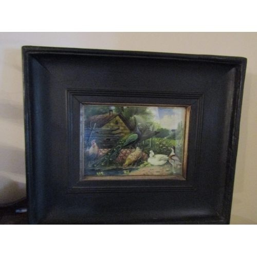 24 - Antique School Peacock with Ducks and Chickens Farmstead Beyond Oil on Panel Approximately 6 Inches ... 