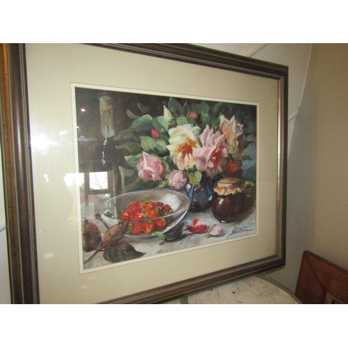 25 - Irish School Signed Blaithin Oil on Board Still Life with Strawberries Approximately 14 Inches High ... 