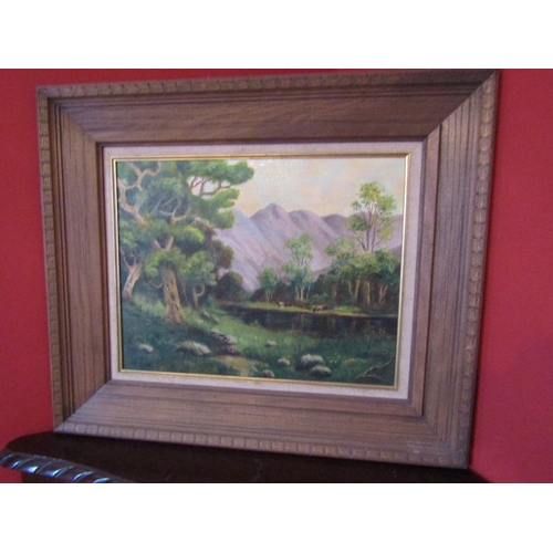 50 - American School River Scene with Mountains Beyond Oil on Canvas Approximately 14 Inches High x 16 In... 