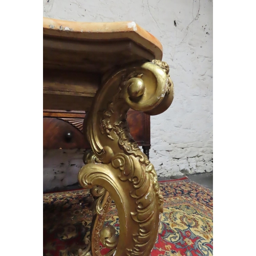 55 - Carved Giltwood Side Table Rococo Form with Polychrome Decorated Faux Marble Top above Scrolled Supp... 