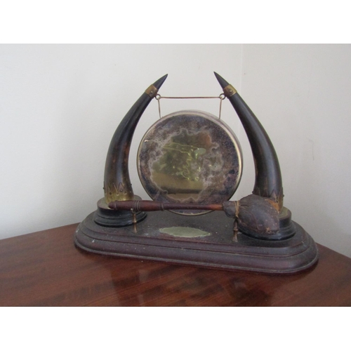 1 - Antique Dinner Gong Mounted on Mahogany Base Side Horn Decoration Approximately 12 Inches High x 14 ... 