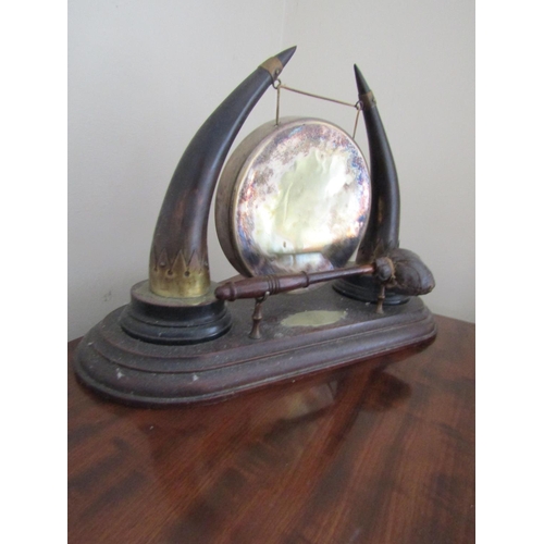 1 - Antique Dinner Gong Mounted on Mahogany Base Side Horn Decoration Approximately 12 Inches High x 14 ... 
