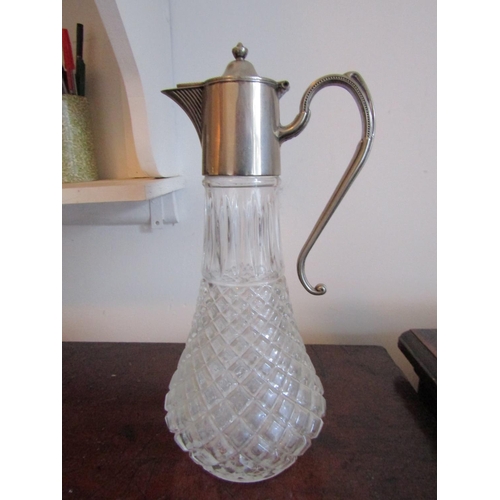 105 - Mounted Cut Crystal Claret Jug Sil;ver Plated with Hinged Cover Approximately 12 Inches High