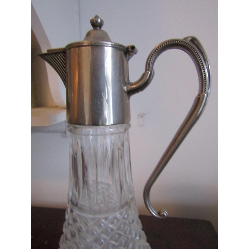 105 - Mounted Cut Crystal Claret Jug Sil;ver Plated with Hinged Cover Approximately 12 Inches High