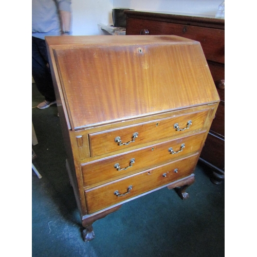 108 - Mahogany Fall Front Bureau Fitted Interior Above Three Long Drawers Resting on Original Claw and Bal... 