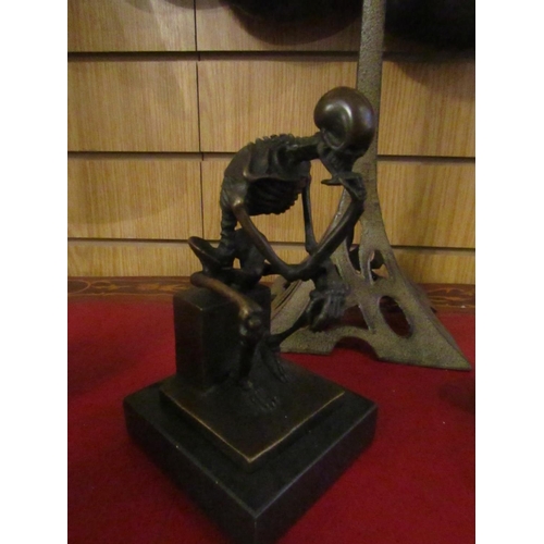 143 - Bronze Sculpture Thinking Skeleton on Square Form Marble Base Approximately 6 Inches High