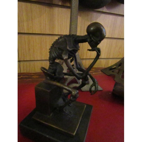 143 - Bronze Sculpture Thinking Skeleton on Square Form Marble Base Approximately 6 Inches High