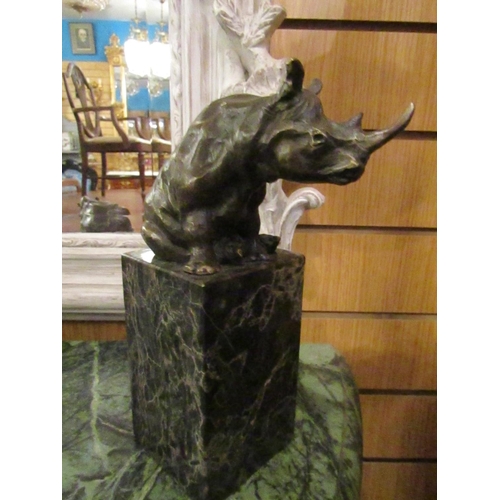 145 - Bronze Sculpture of Seated Rhinoceros on Cube Form Marble Base Approximately 9 Inches High